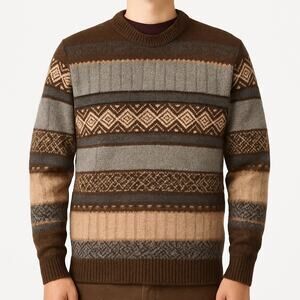 Antartex Wool Fair Isle Vintage Knit Sweater Brown Gray XL